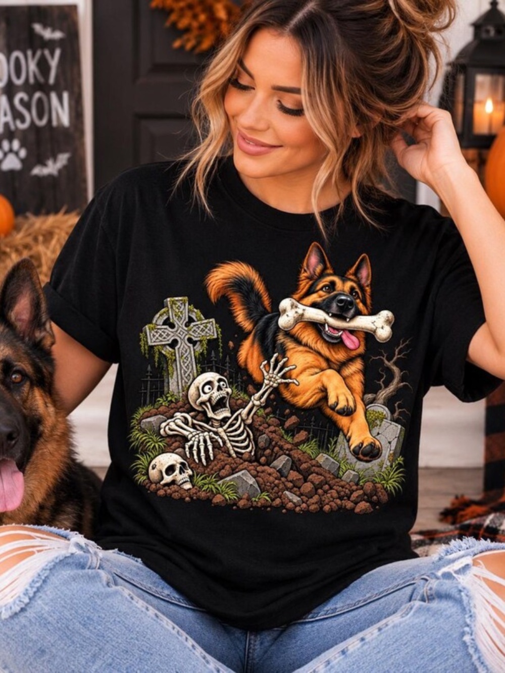 Comfort Black German Shepherd Halloween Dog Graphic Tee, Skeleton Dog Artwork